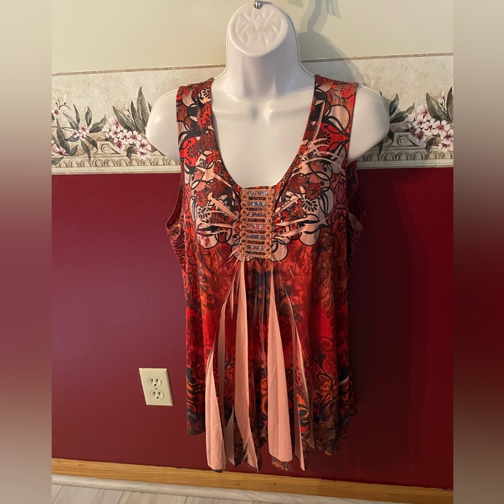 Apt. 9 Red Floral Fringe Sleeveless Tank with Beaded Detail